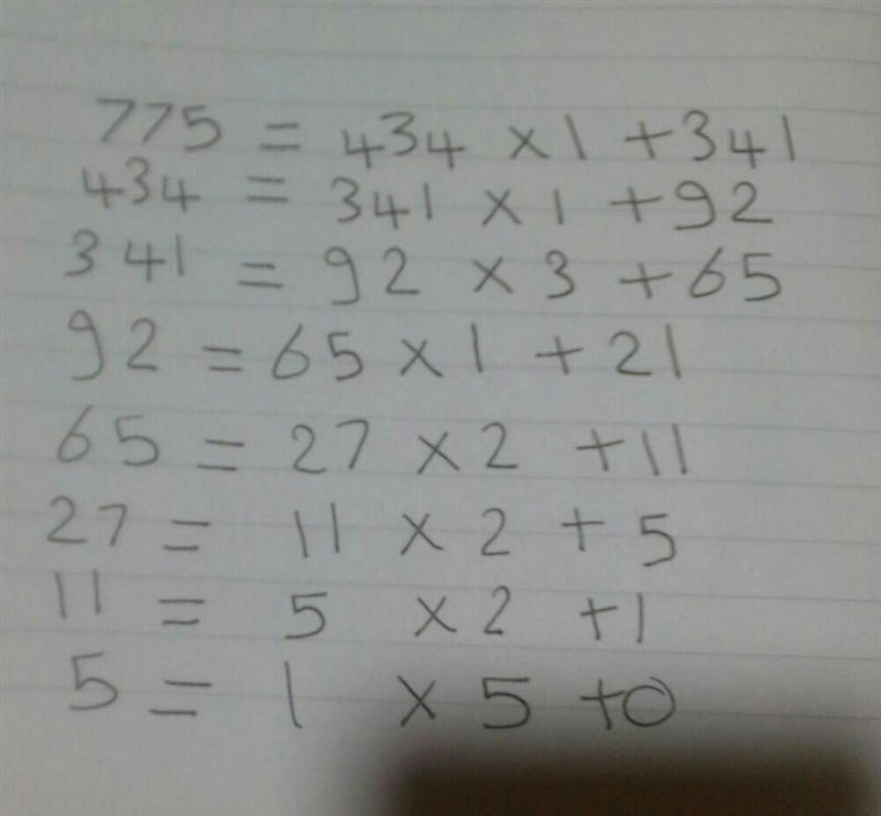 Find the hcf by long division method 434 ,775​-example-1