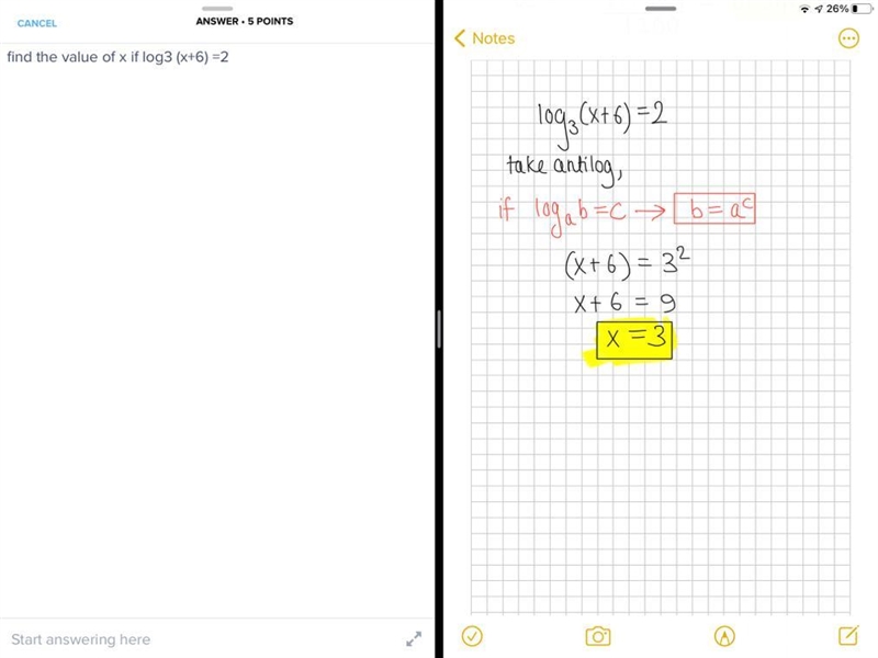 Find the value of x if log3 (x+6) =2​-example-1