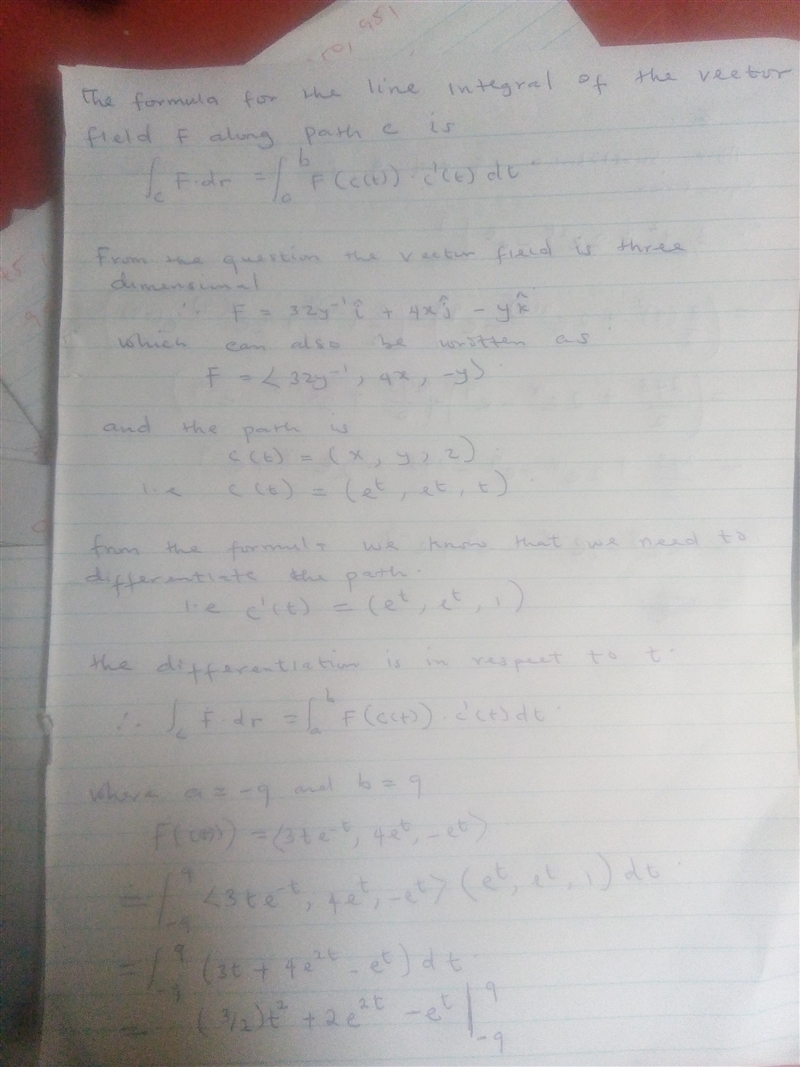 Compute the line integral of the vector field F=⟨3zy−1,4x,−y⟩F=⟨3zy−1,4x,−y⟩ over-example-2