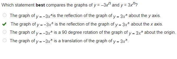 Which statement best compares the graphs of y = –3xn and y = 3xn?-example-1