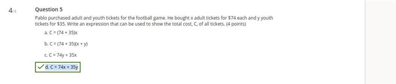 Pablo purchased adult and youth tickets for the football game. He bought x adult tickets-example-1