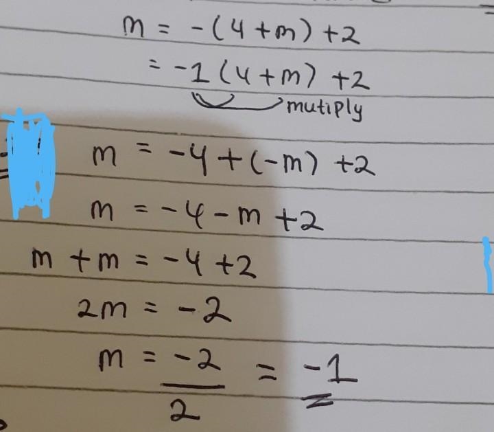 Solve for m=−(4+m)+2-example-1