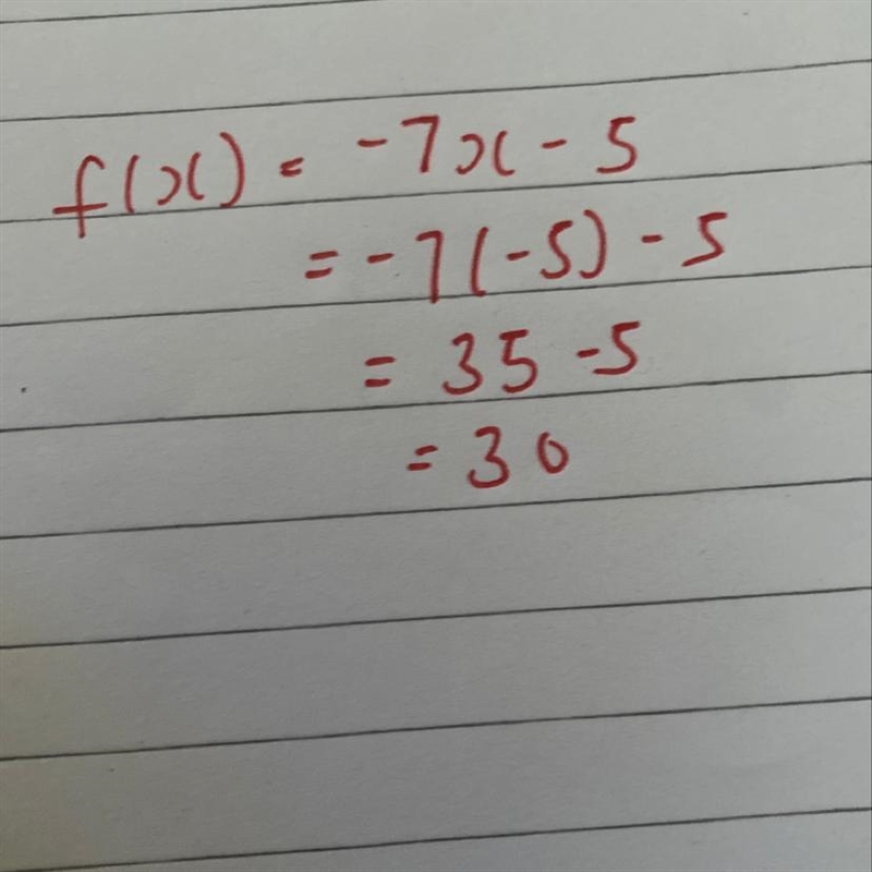 F(x) =-7x -5 When the input is -5 , the output is __-example-1