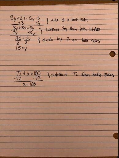 What is the measure of (3y + 27) What is the measure of (5y - 3)-example-1