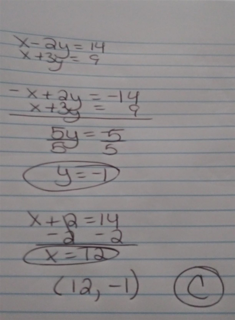 Solve the following system of equations: x − 2y = 14 x + 3y = 9 (1, 12) (−1, −12) (12, −1) (12, 1)-example-1