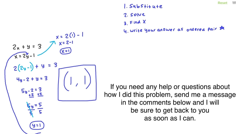 Solve the following system of equations. 2x + y = 3 x = 2y-1 ANSWER: ______ plz help-example-1