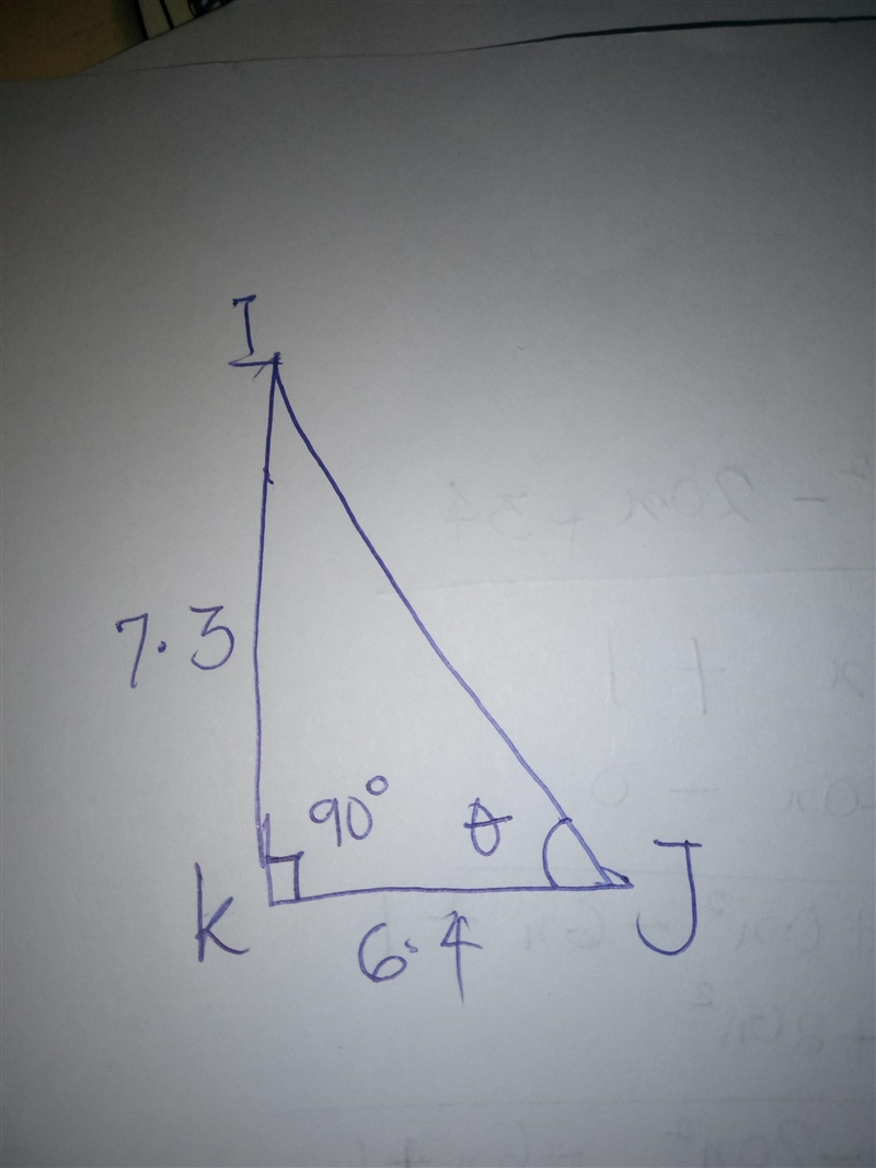 In ΔIJK, the measure of ∠K=90°, JK = 6.4 feet, and KI = 7.3 feet. Find the measure-example-1