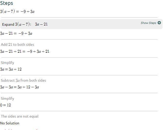 3(a – 7) = -9 + 3a.-example-1
