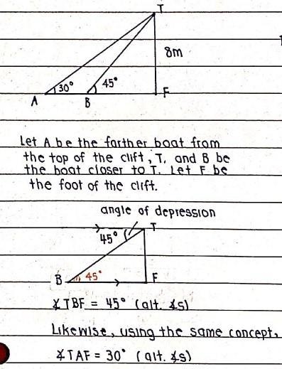 From the top of the cliff 8m high,two boats are seen in the direction due west.find-example-1