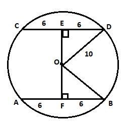 Given circle O with chords CD = 12 and AB = 12. Perpendiculars are drawn from 0 to-example-1