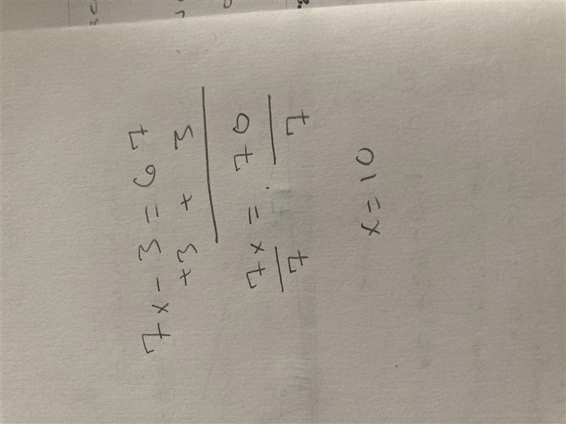 Solve the linear equation 7x-3=67 for x-example-1