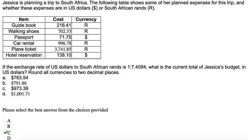 Jessica is planning a trip to South Africa. The following table shows some of her-example-1