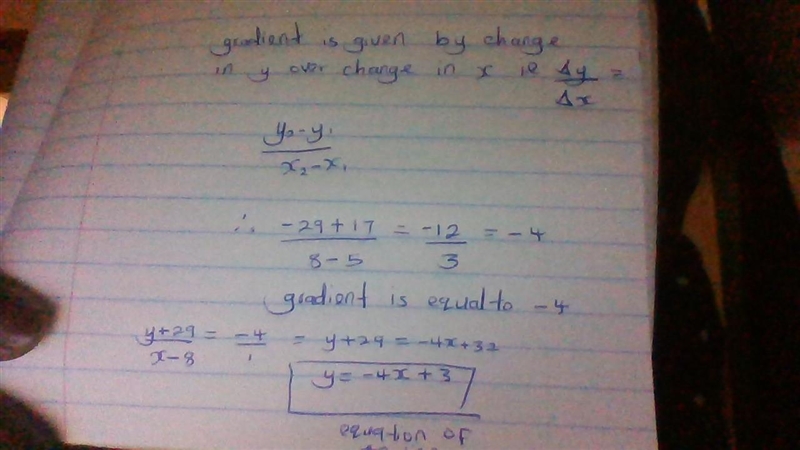 Write an equation of the line passing through the given points. (5, -17) and (8.-29)-example-2