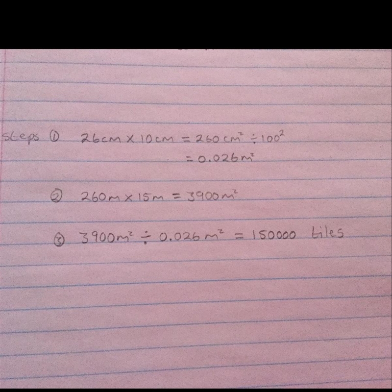Find the number of pieces of floor tiles each measuring 26cm long and 10cm wide needed-example-1