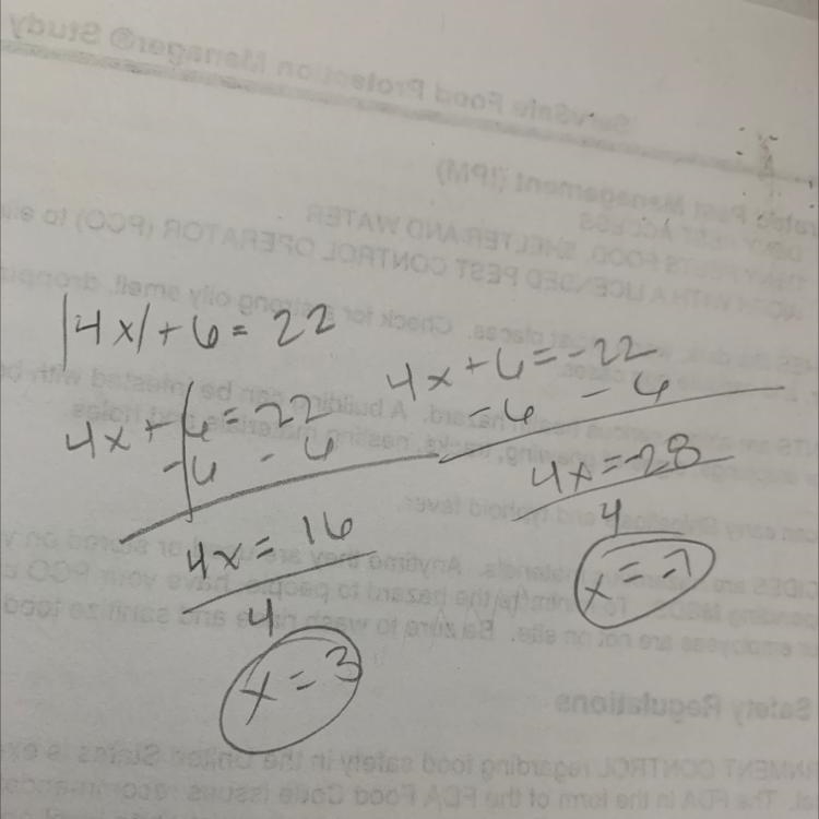 Solve |4x|+6=22 nester any fractions as decimals rounded to the nearest hundredths-example-1