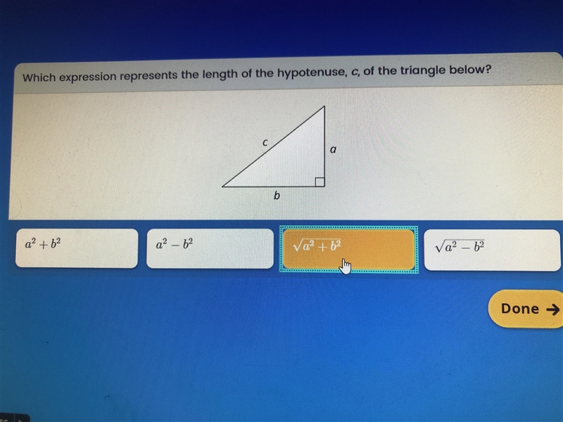 Which expression represents the length of the hypotenuse, c, of the triangle below-example-1