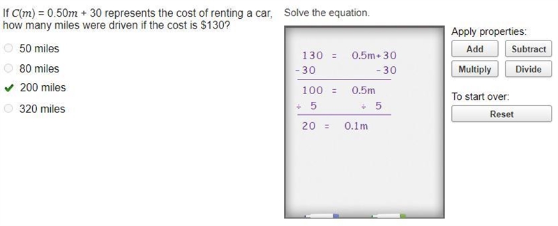 If C(m) = 0.50m + 30 represents the cost of renting a car, how many miles were driven-example-1