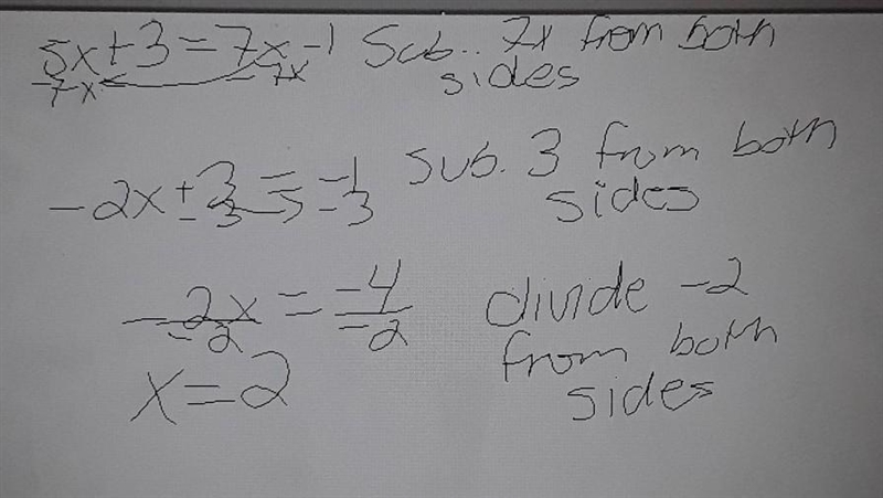 5x + 3 = 7x – 1. Find X-example-1