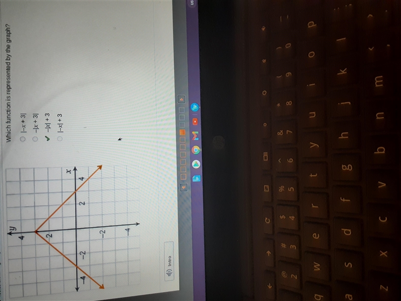 Which function is represented by the graph? |-x+3 x + 3 -x + 3 l-xl +3 NOBODY EVEN-example-1