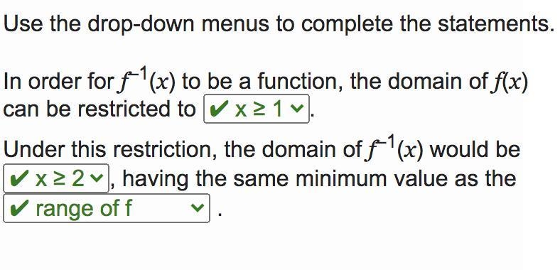 Use the drop-down menus to complete the statements. In order for f1(x) to be a function-example-1