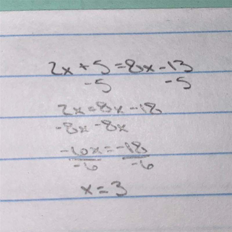 2x + 5 = 8x - 13 Solve the equation. Do not use decimals in your awnser-example-1