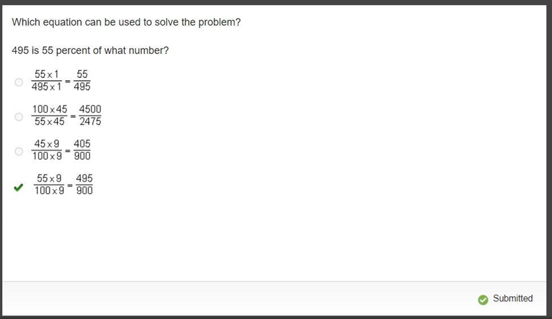 Please its timed!!!! Which equation can be used to solve the problem? 495 is 55 percent-example-1