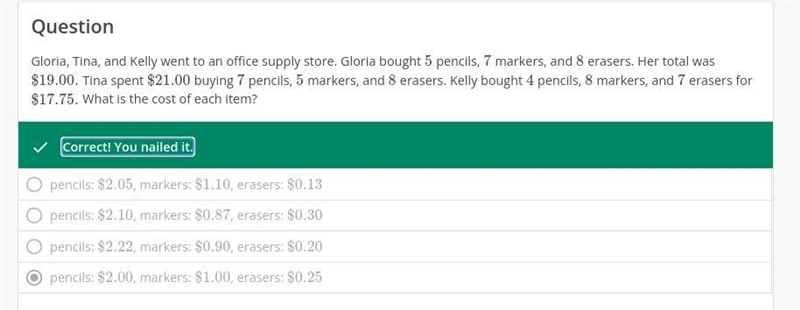 Gloria, Tina, and Kelly went to an office supply store. Gloria bought 5 pencils, 7 markers-example-1