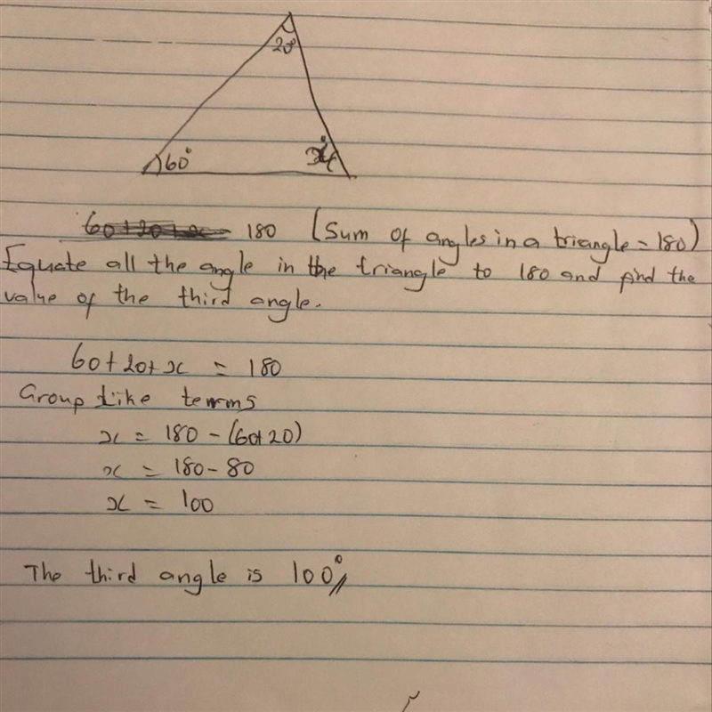 emmas math teacher drew a triangle that had a 60 degree angle and a 20 degree angle-example-1