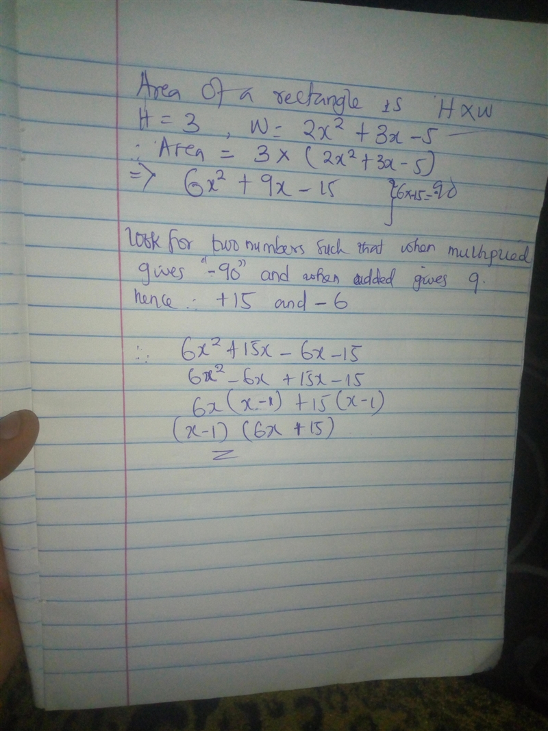 A rectangle has a height of 3 and a width of 2x^2 + 3x-5 express the area of the entire-example-1