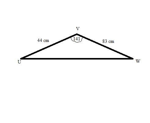 In ΔUVW, w = 44 cm, u = 83 cm and ∠V=141°. Find the area of ΔUVW, to the nearest square-example-1