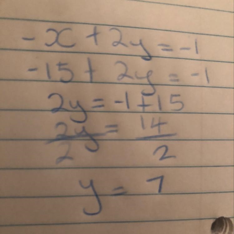 Complete the solution of the equation. Find the value of y when x equals 15. -x + 2y-example-1