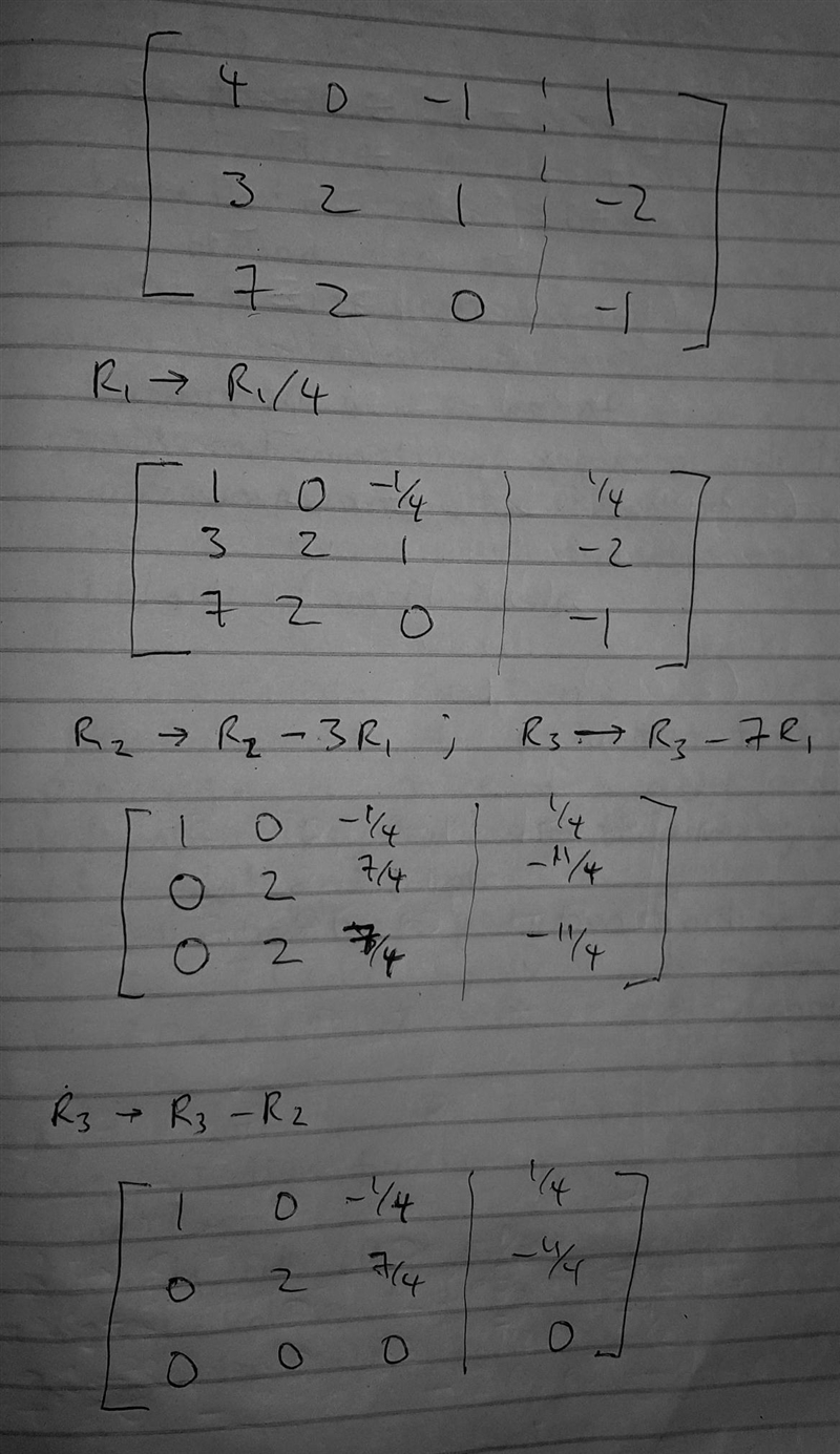 If it exists, find the solution to the following system using Gaussian elimination-example-1