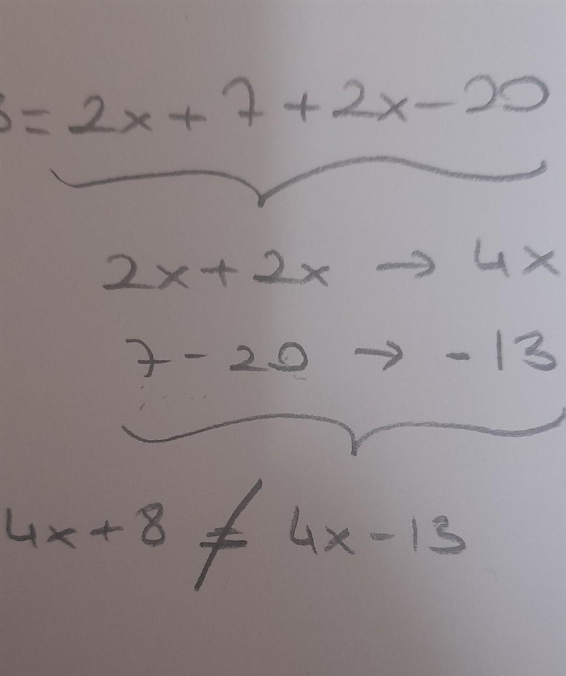 Is 4x + 8 = 2x + 7 + 2x - 20 a contradiction, identity, or neither?-example-1