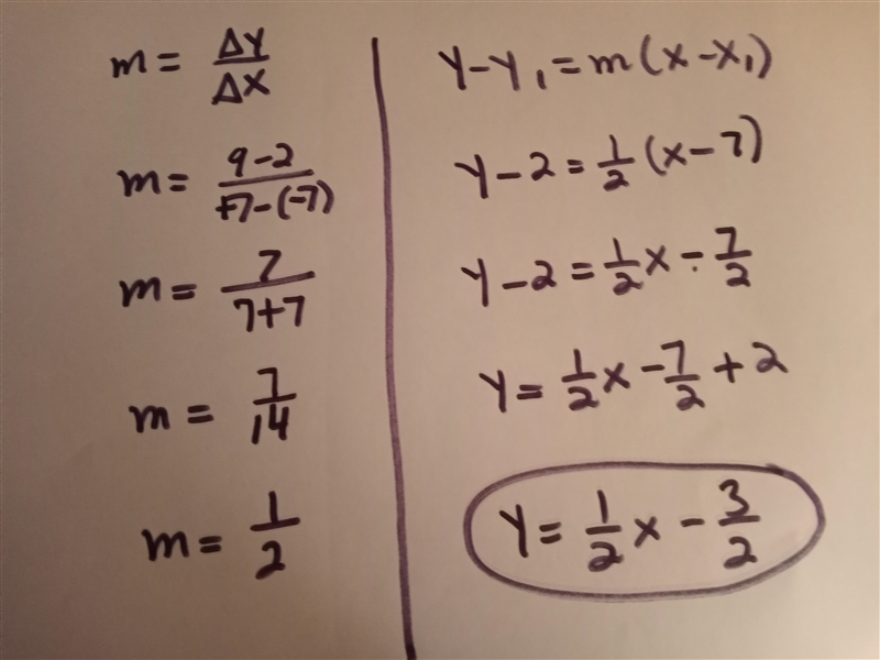 Find the equation of the line containing the points (-7, 9) and (7,2).-example-1