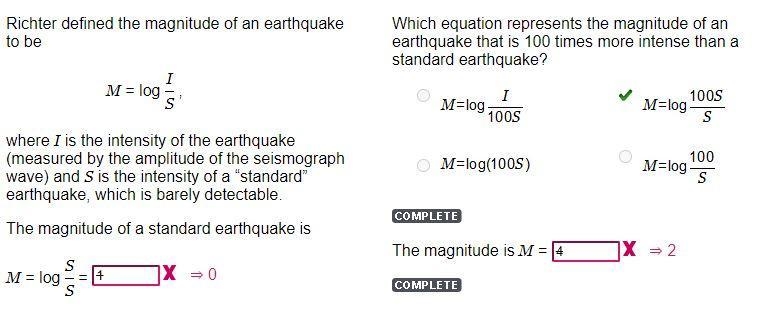 Which equation represents the magnitude of an earthquake that is 100 times more intense-example-1