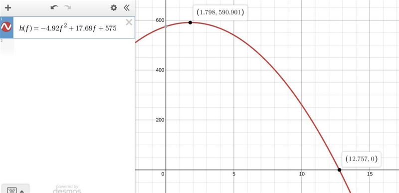 The function h(t) = -4.92f^2 + 17.69f + 575 is used to model the height of an object-example-1