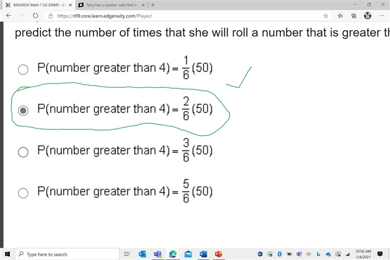 Terry has a number cube that is numbered from 1 to 6. She rolls the cube 50 times-example-1