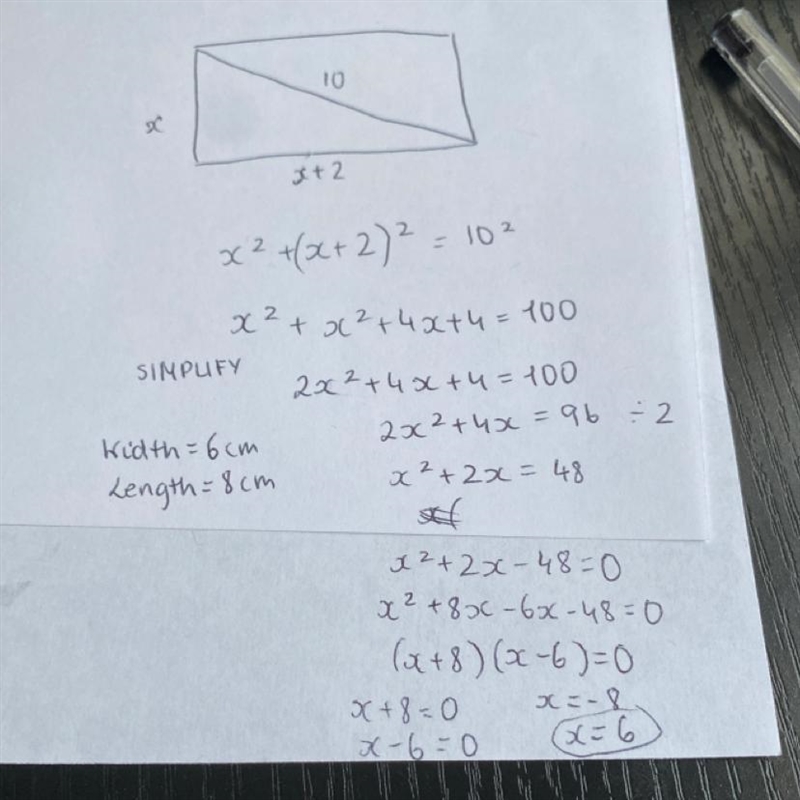 The length of a rectangle exceeds the width by 2 cm . If the diagonal is 10 cm long-example-1