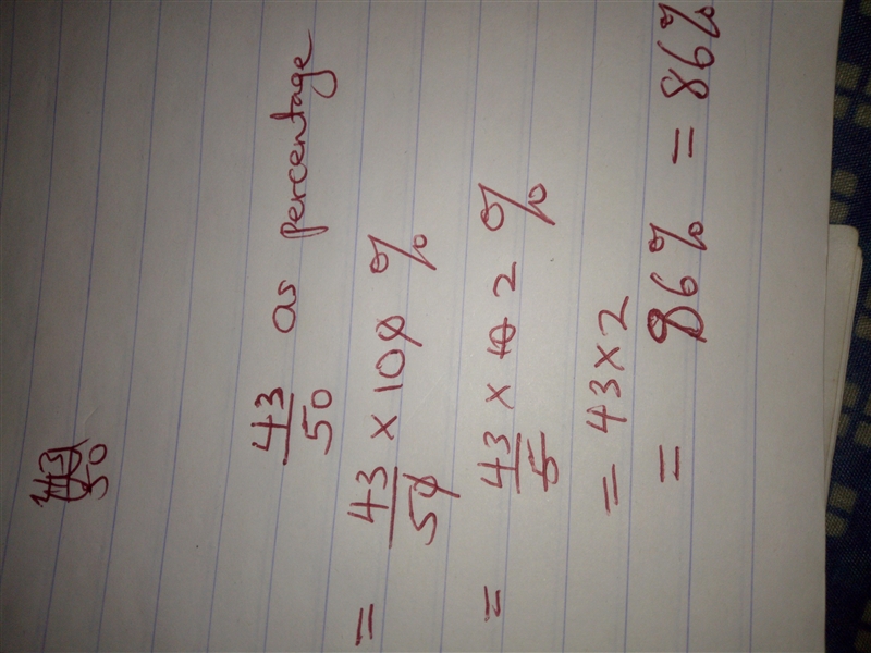 Write the fraction or mixed number as a percent 43/50-example-1