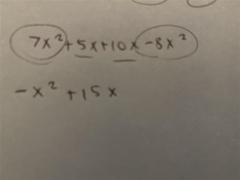 Simplify each algebraic expression by combing like terms 7x^2-5x+10x-8x^2-example-1