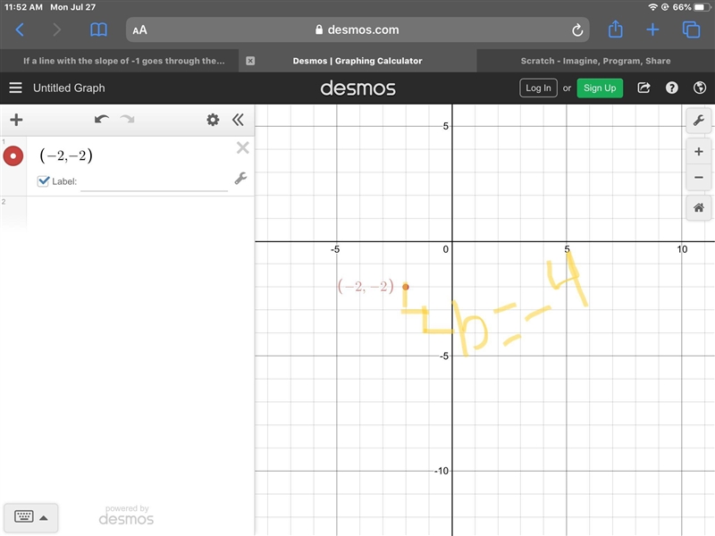 If a line with the slope of -1 goes through the point (-2,-2), then solve for b: y-example-1