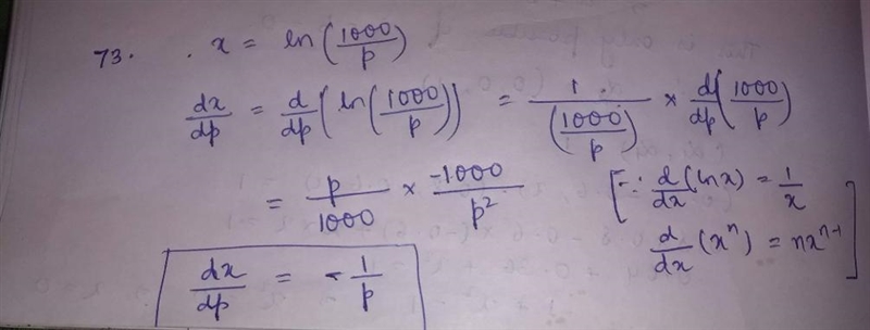 Demand Solve the demand function in Exercise 74 for p. Use the result to find dp/dx-example-1