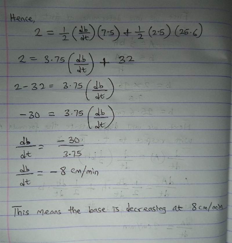 The altitude of a triangle is increasing at a rate of 2.5 centimeters/minute while-example-3