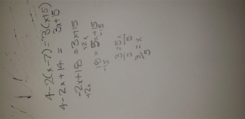 Solve the equation 4-2(x-7)=3(x+5)-example-1