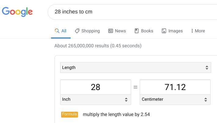 28 inches to centimeters Click the icon to view a Table of Conversions between the-example-1