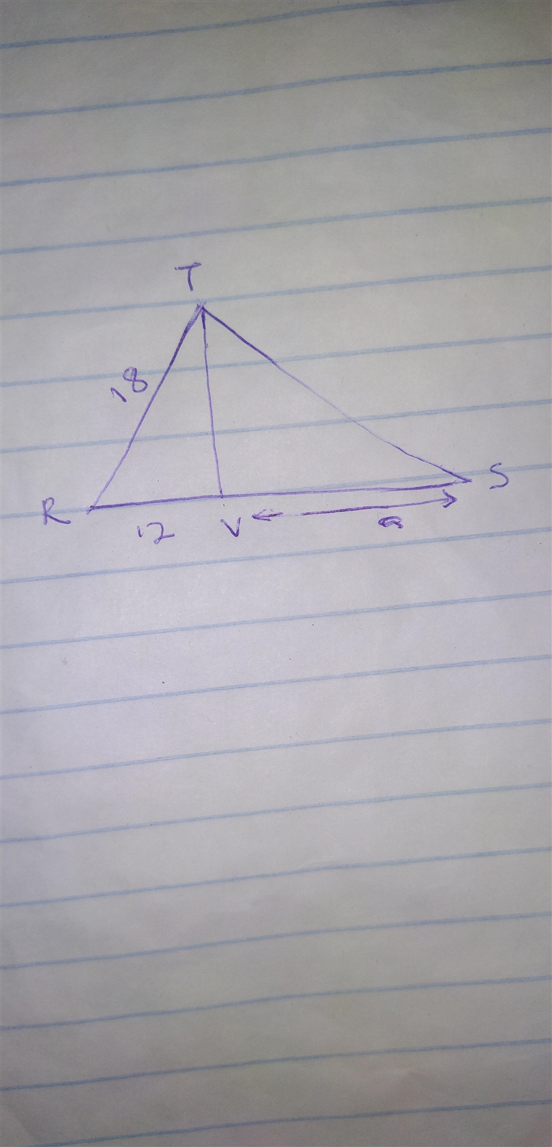 in right triangle RST altitude TV is drawn to hypotenuse RS If RV = 12 and RT = 18, what-example-1