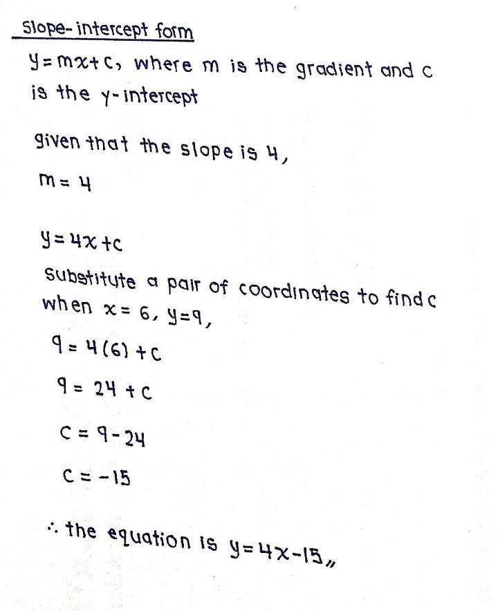 Write an equation in slope-intercept form for the line described. Slope 4, passes-example-1