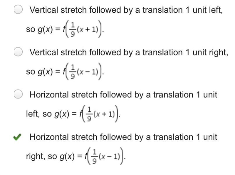 Study the graphs of f(x) and g(x). Which statement describes g(x) as a transformation-example-1