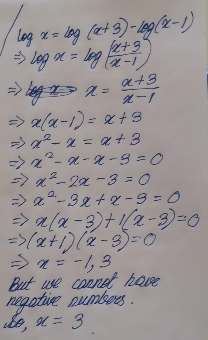 Log x = log(x + 3) - log(x - 1)-example-1