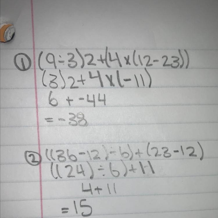 1. (9 ÷ 3)2 + (4 x (12 – 23)) = 2. ((36 – 12) ÷ 6) + (23 – 12) = Answer these questions-example-1